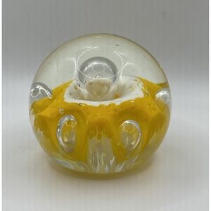 Glass Paperweight Yellow Flower Bubble Art Sunburst Design John Gentile